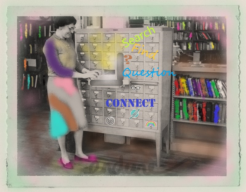 vintage photo of a librarian updated with snazzy colors and a computer at the card catalog