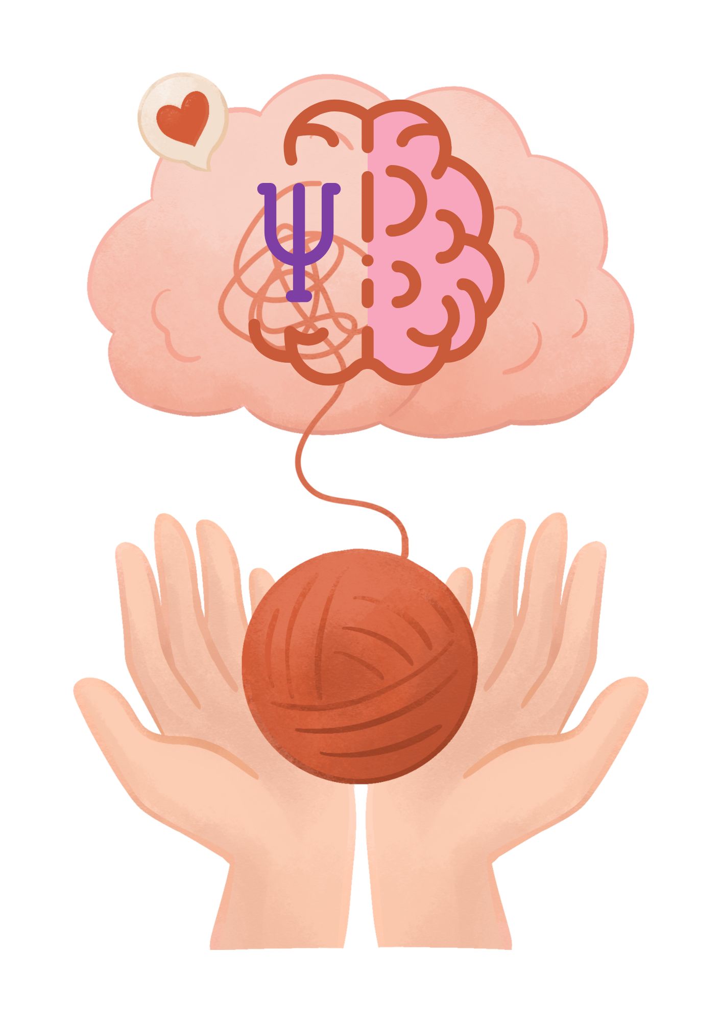 En la imagen se puede apreciar unas manos abiertas que sostienen un ovillo de lana, cuya pita forma un cerebro. La mitad del cerbro tiene una apariencia normal, mientras que la otra mitad tiene, rayones que simbolizan rumiaciones cognitivas,  y a la vez contiene un signo de psicología.